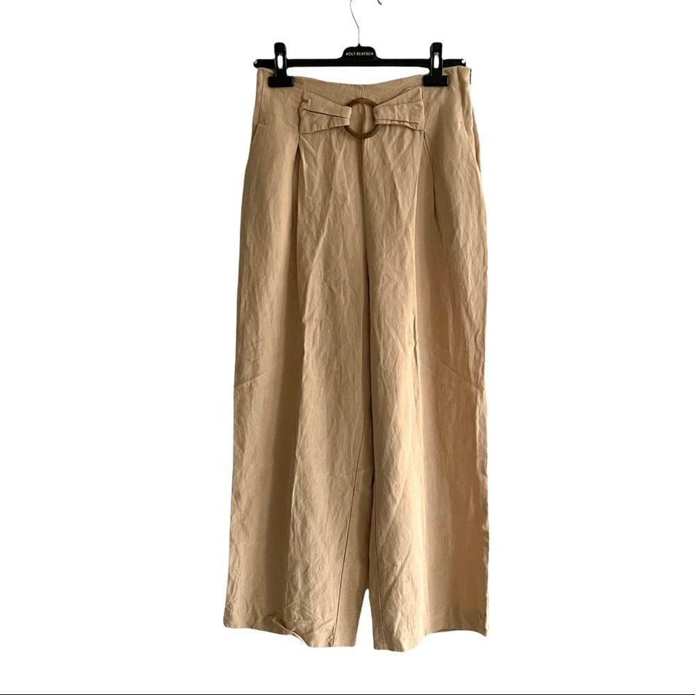ZARA High Waisted Linen Wide Leg Ankle Pants Camel Tan M
